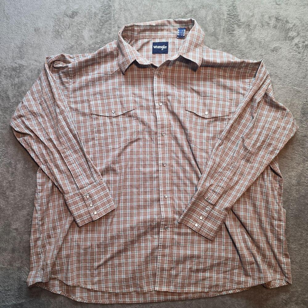Wrangler Button Up Shirt Mens Big 3X Brown Plaid Long Sleeve Western Pearl Snap